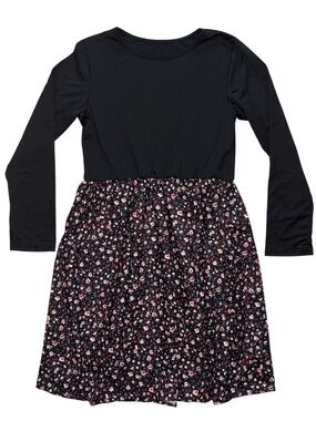Girls' Black Long-Sleeve Floral Waist Dress